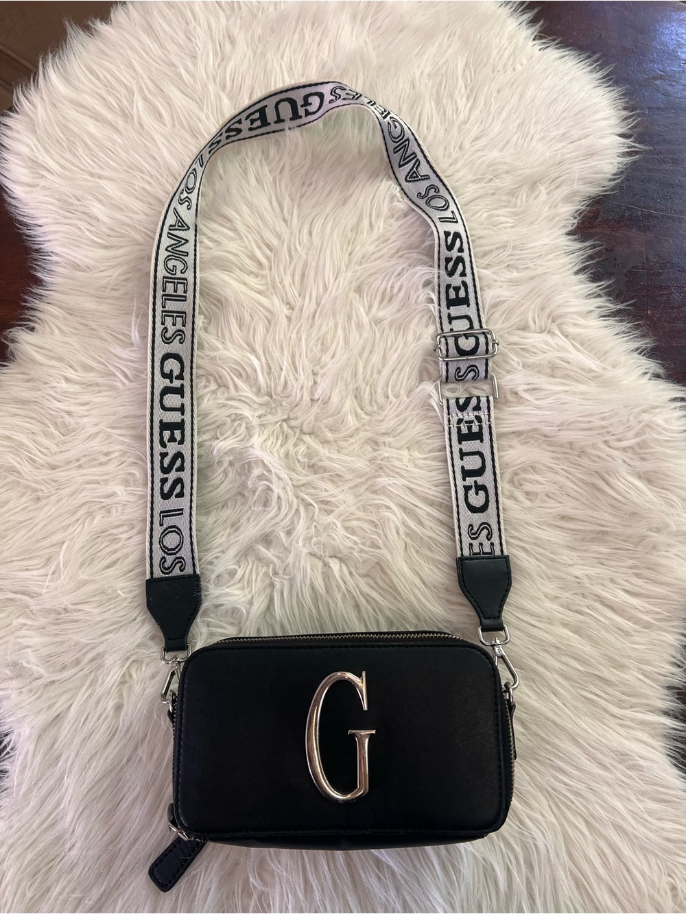 GUESS Black Logo Camera Crossbody Bag Silver G Wide Strap Double Zip